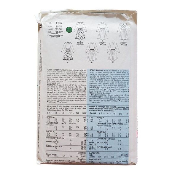 Vintage 80s Butterick Pattern 5861 Uncut Girls Dress Pull Over Flare 7 8 10 - Picture 3 of 4